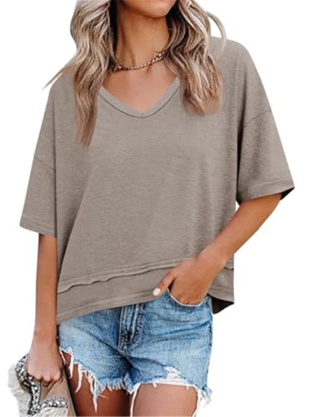Womens V Neck Short Sleeve T Shirt Loose Fit Flowy Casual Summer Blouse Top Tee